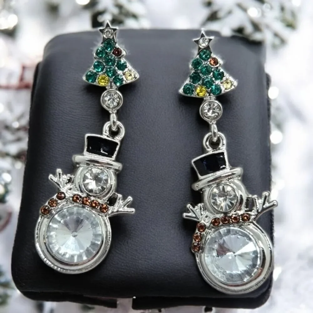 Snowman ☃️ Rhinestone Christmas Tree Earrings Dangle Drop Pierced Ears Jewelry